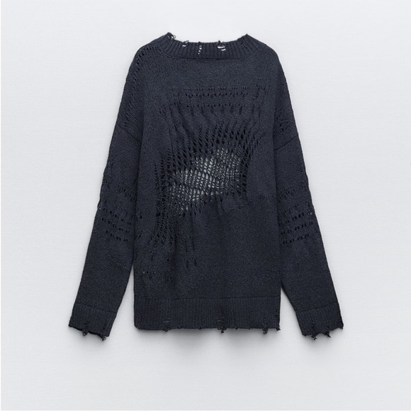 NWT Zara Ripped Open Knit Sweater Navy Size SMALL - Picture 3 of 5